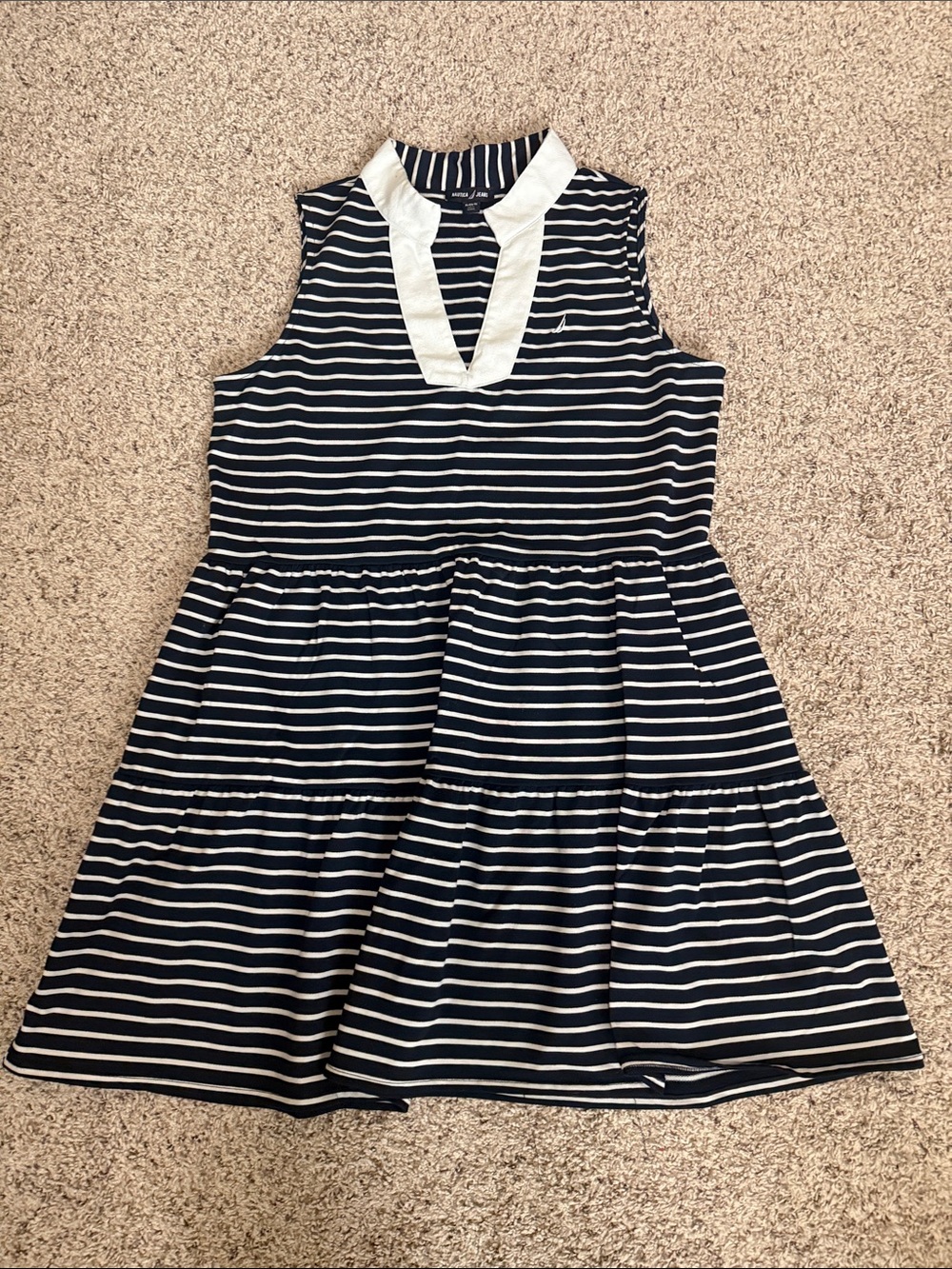 Nautica Navy & White Striped Sleeveless Tiered Mini Dress with V-Notch Collar